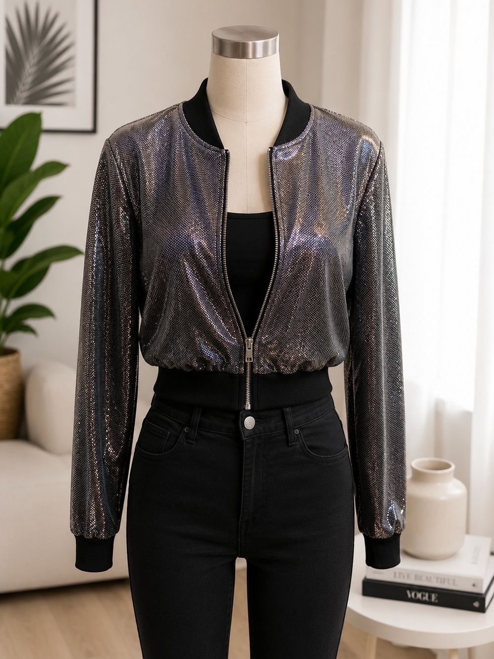 SHEIN Metallic Shimmer Bomber Jacket 3XL Silver Black Zip Front Statement Jacket